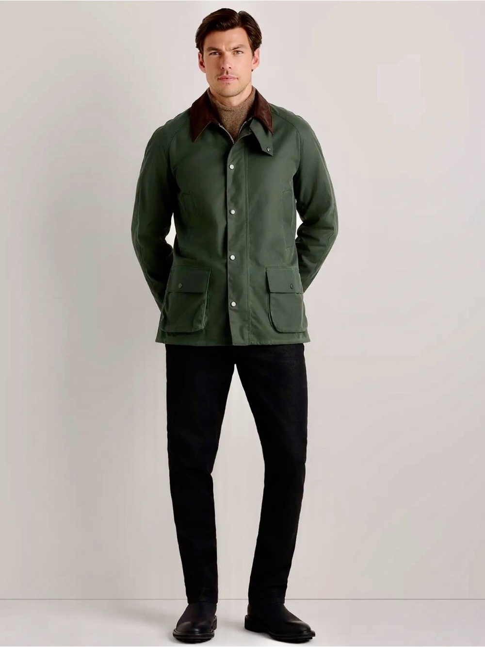 Men's Green Field Jacket with Contrast Collar